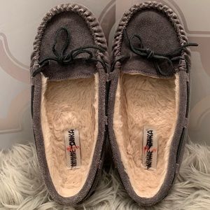 Grey suede leather minnetonka’s